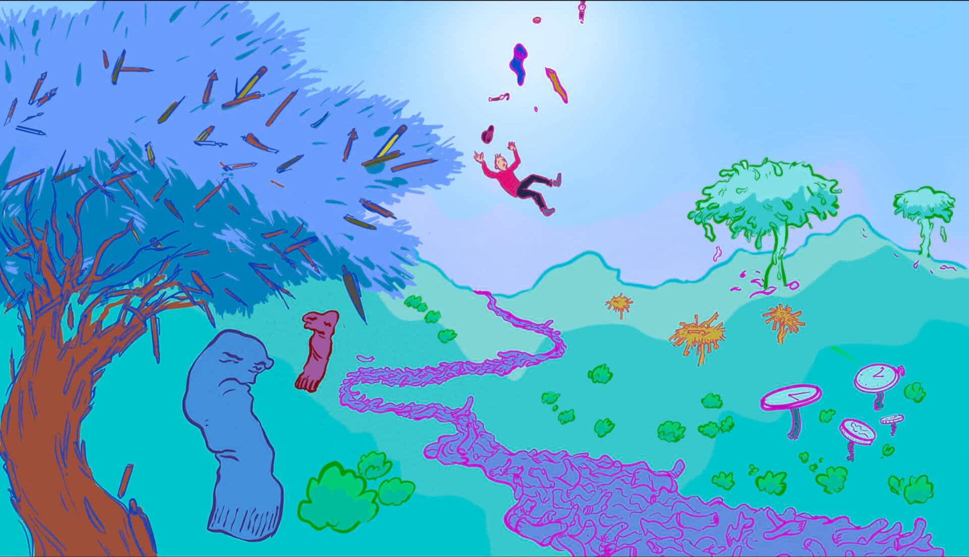 Illustration for LAUNDRONAUTS pitch meeting by Edwin Baker, Socklings in Absentia, pocket watch mushrooms