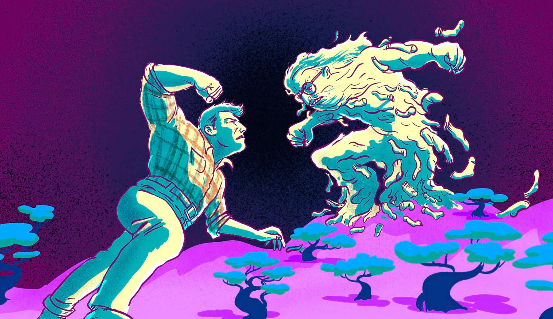 "The Battle of the Giants in the Bonsai Forest" Illustration by Edwin Baker for LAUNDRONAUTS by Colin Mitchell