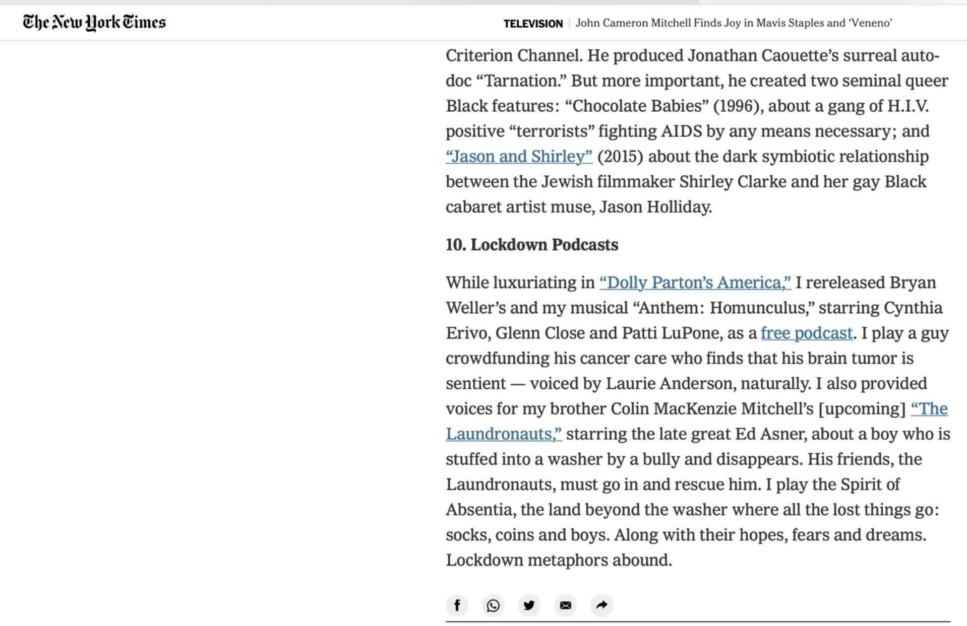 Clip of NY times article with mention of Laundronauts Starring Ed Asner and John Cameron Mitchell, author Kathryn Shattuck